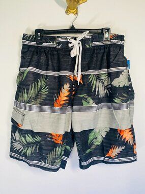 Kanu Surf Mens XXL Black/Orange Tropical Swim Trunks With Mesh Lining & Drawstri